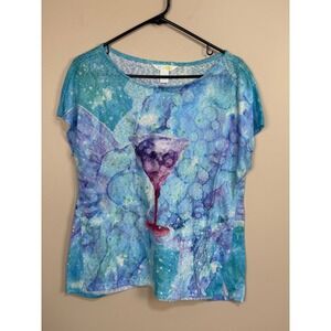 Art & Sol‎ Womens Large Blue Purple Watercolor Cocktail Graphic Short Sleeve Top